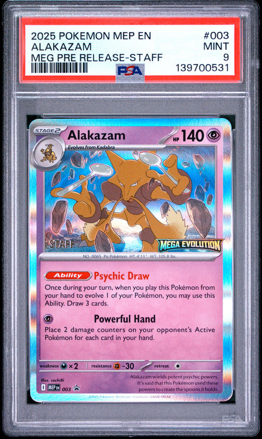 PSA 9 - Alakazam 003/132 Mega Evolution Prerelease STAFF Promo x531 - Pokemon