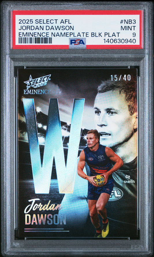 PSA 9 - Jordan Dawson W #NB3 Nameplate Black 2025 SELECT Eminence - AFL