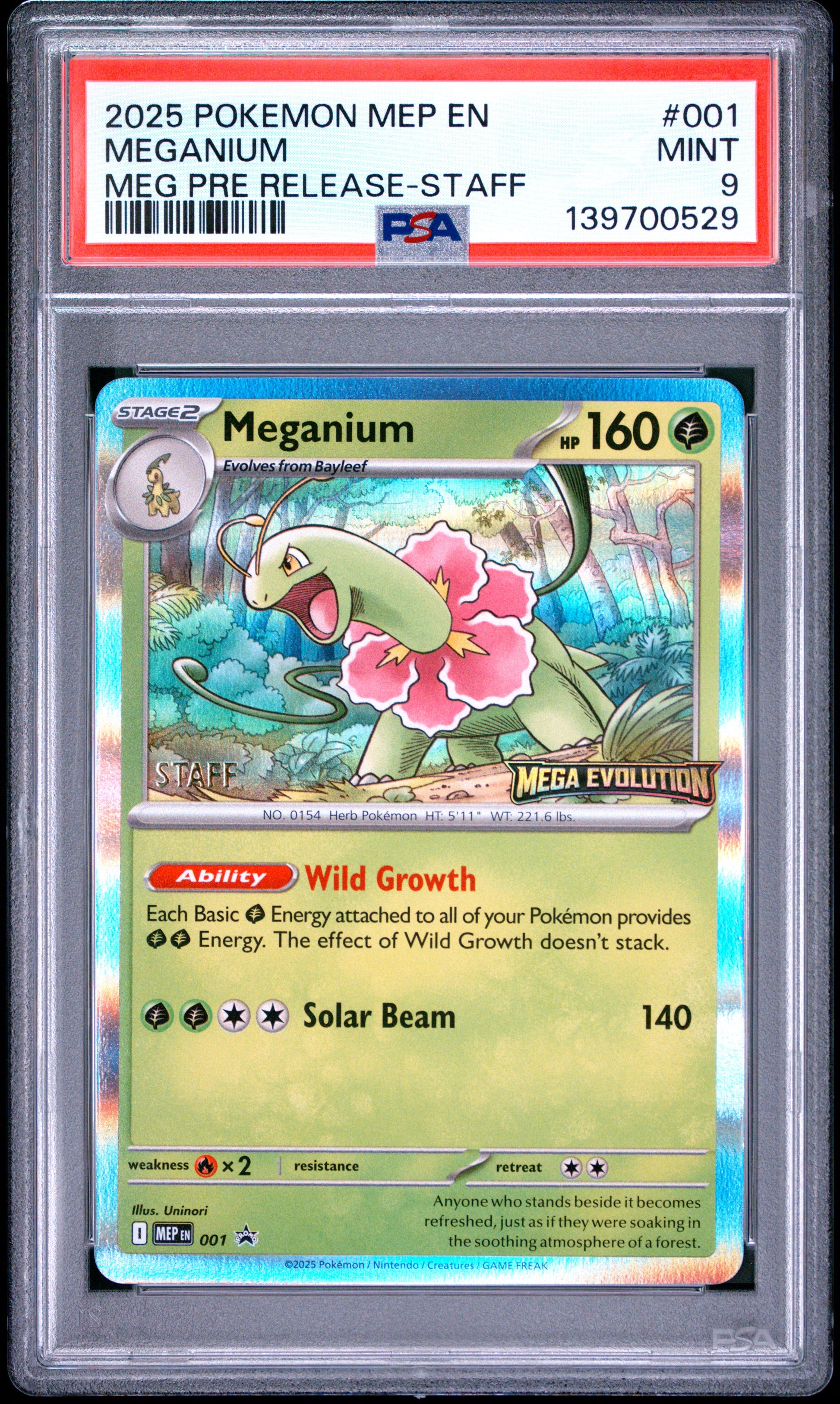PSA 9 - Meganium 001/132 Mega Evolution Prerelease STAFF Promo x529 - Pokemon