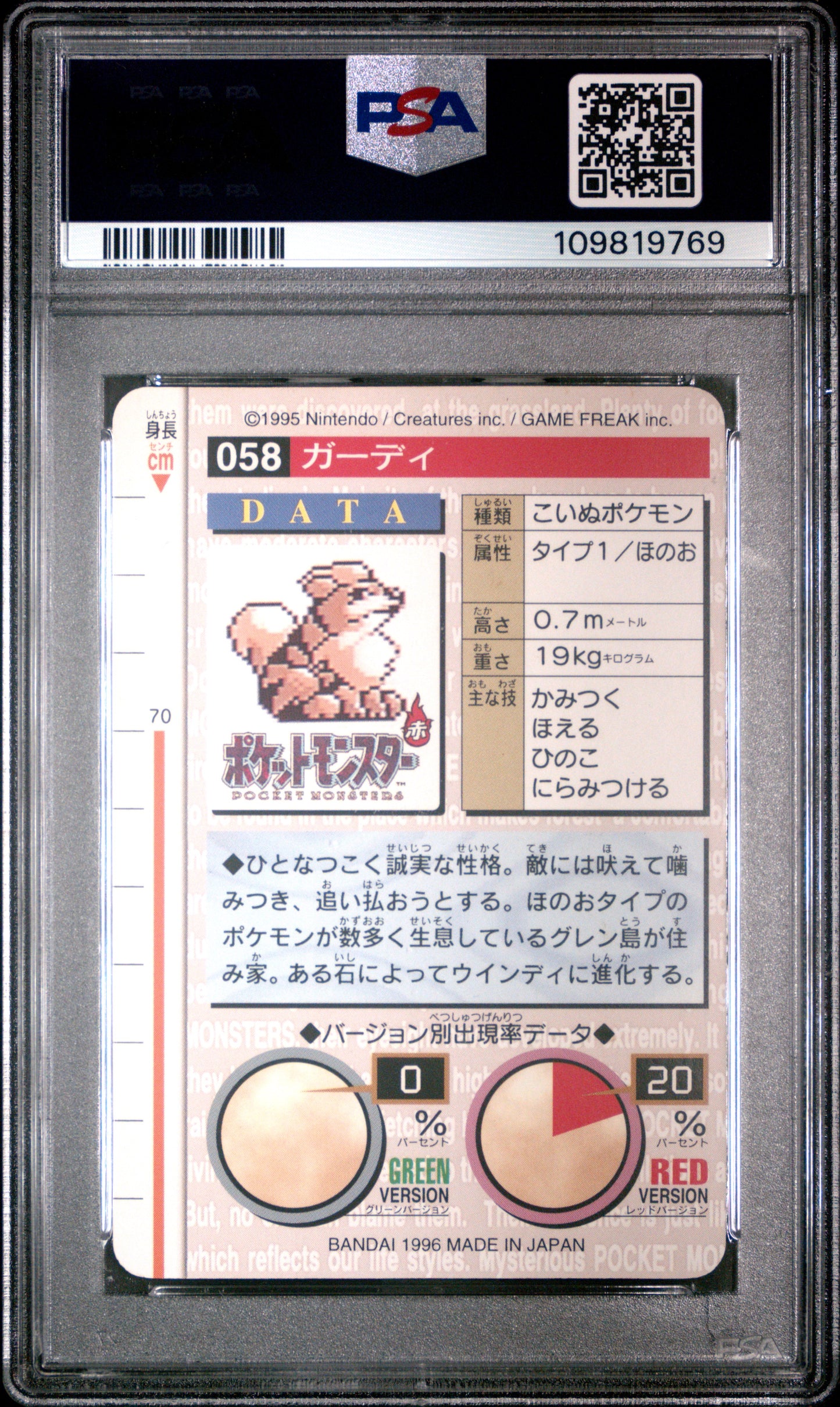 PSA 8 - Growlithe #58 1996 JPN Bandai Carddass Vending - Pokemon