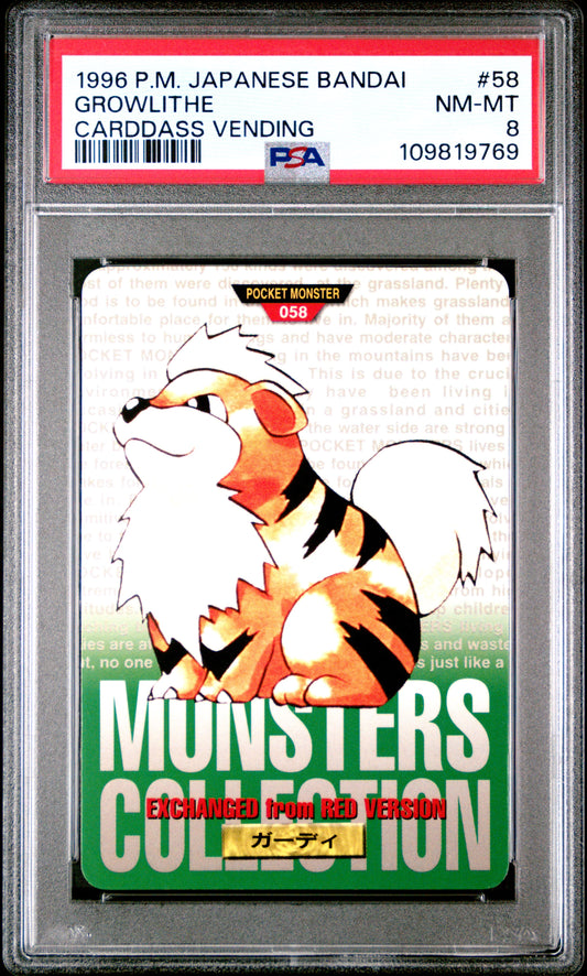 PSA 8 - Growlithe #58 1996 JPN Bandai Carddass Vending - Pokemon