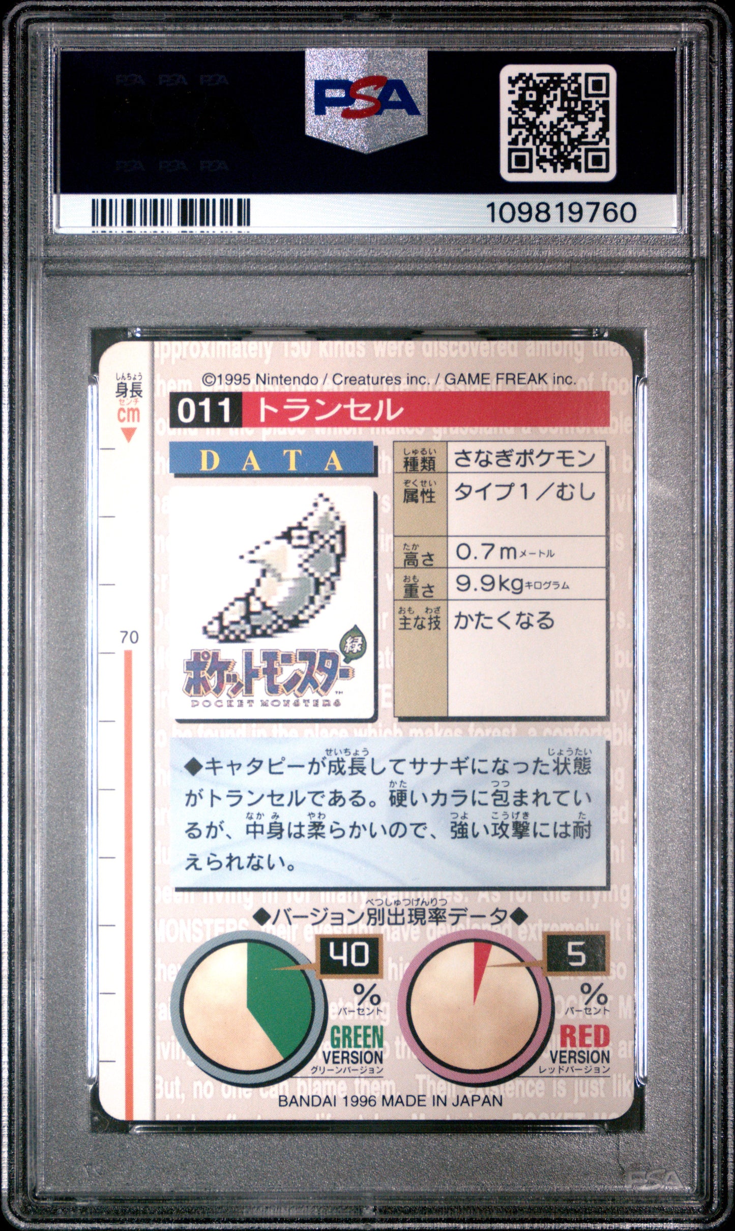 PSA 9 - Metapod #11 1996 JPN Bandai Carddass Vending - Pokemon