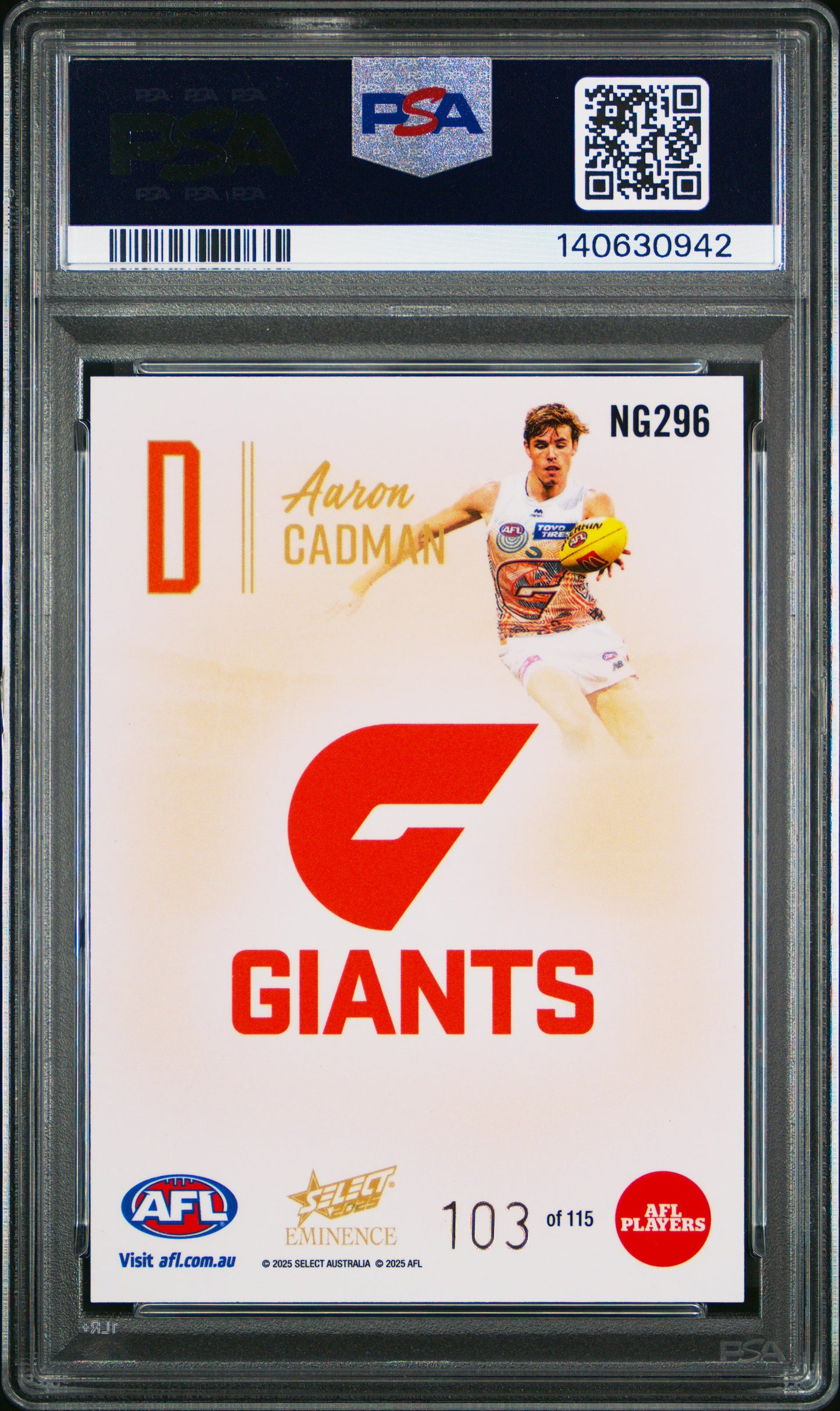 PSA 10 - Aaron Cadman D #NG296 Nameplate Gold 2025 SELECT Eminence - AFL