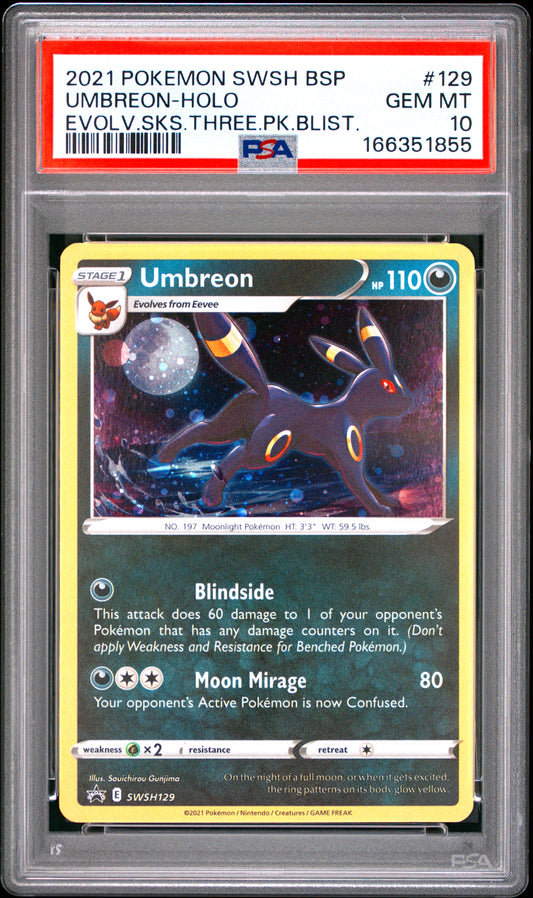 PSA 10 - Umbreon Holo SWSH129 Evolving Skies 3-Pack Blister Promo x855 - Pokemon