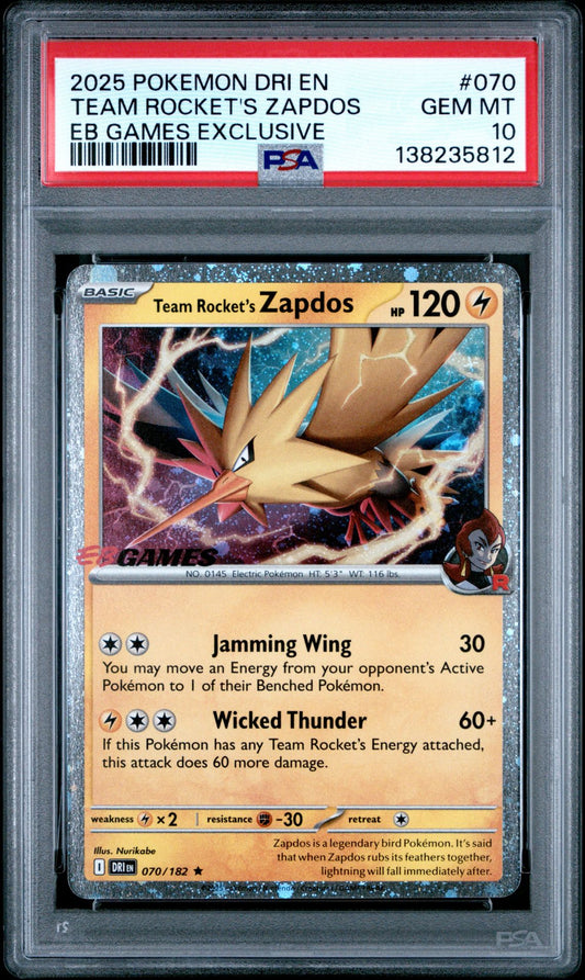 PSA 10 - Team Rocket's Zapdos Holo 070/182 EB Games Exclusive - Pokemon