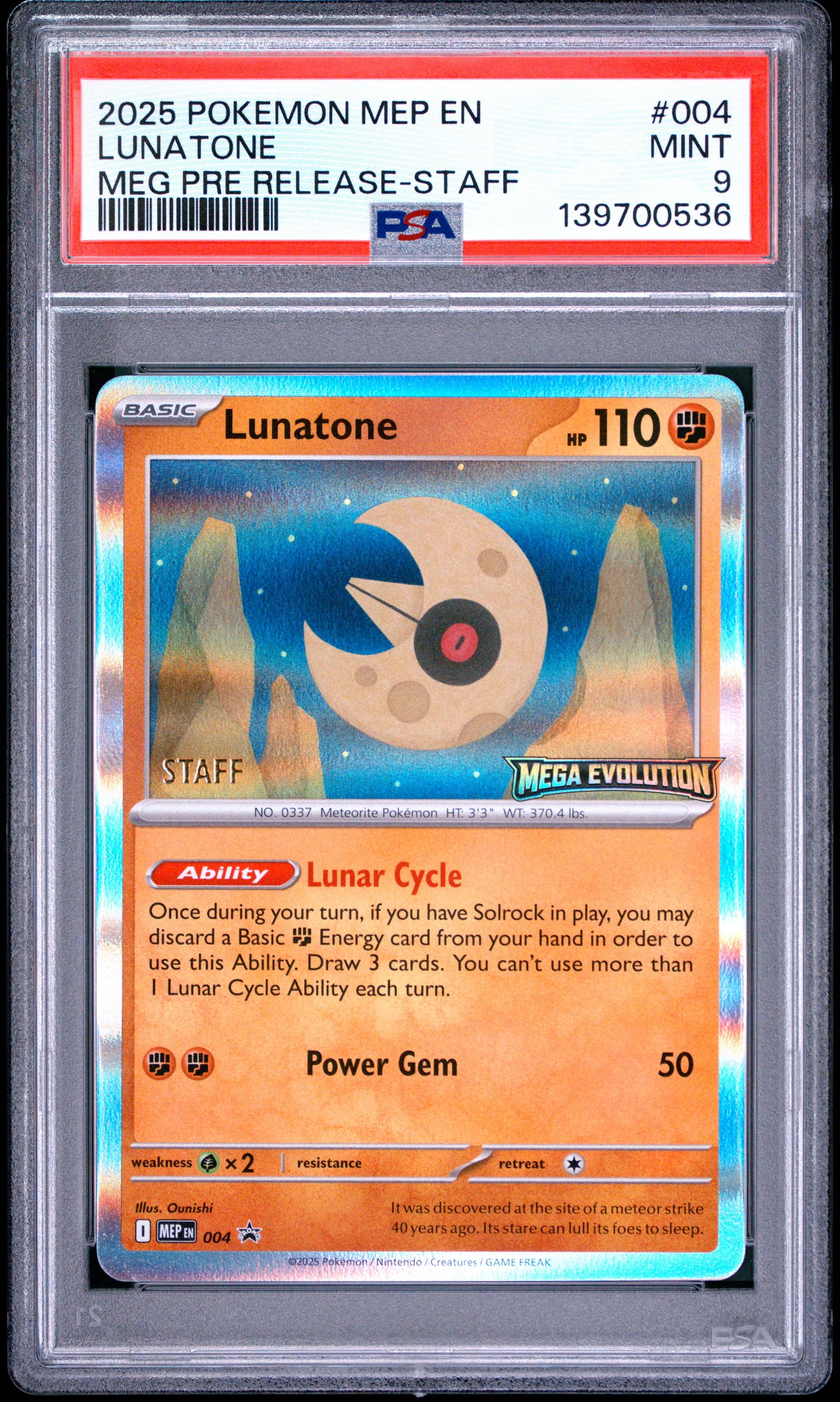 PSA 9 - Lunatone 004/132 Mega Evolution Prerelease STAFF Promo x536 - Pokemon