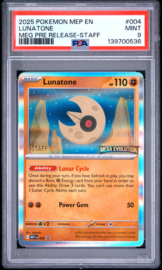 PSA 9 - Lunatone 004/132 Mega Evolution Prerelease STAFF Promo x536 - Pokemon
