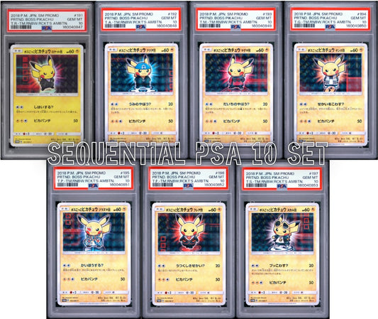 PSA 10 - Pretend Boss Pikachu Complete SEQ (7) Set Japanese Promo - Pokemon