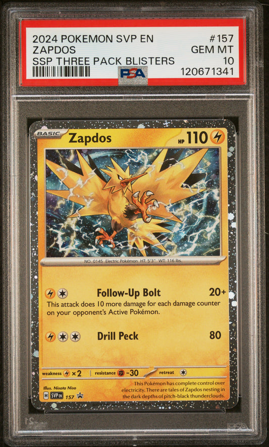 PSA 10 - Zapdos Holo SVP157 Surging Sparks 3 Pack Blister Promo - Pokemon