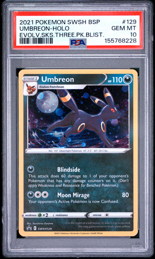 PSA 10 - Umbreon Holo SWSH129 Evolving Skies Three Pack Blister x228 - Pokemon