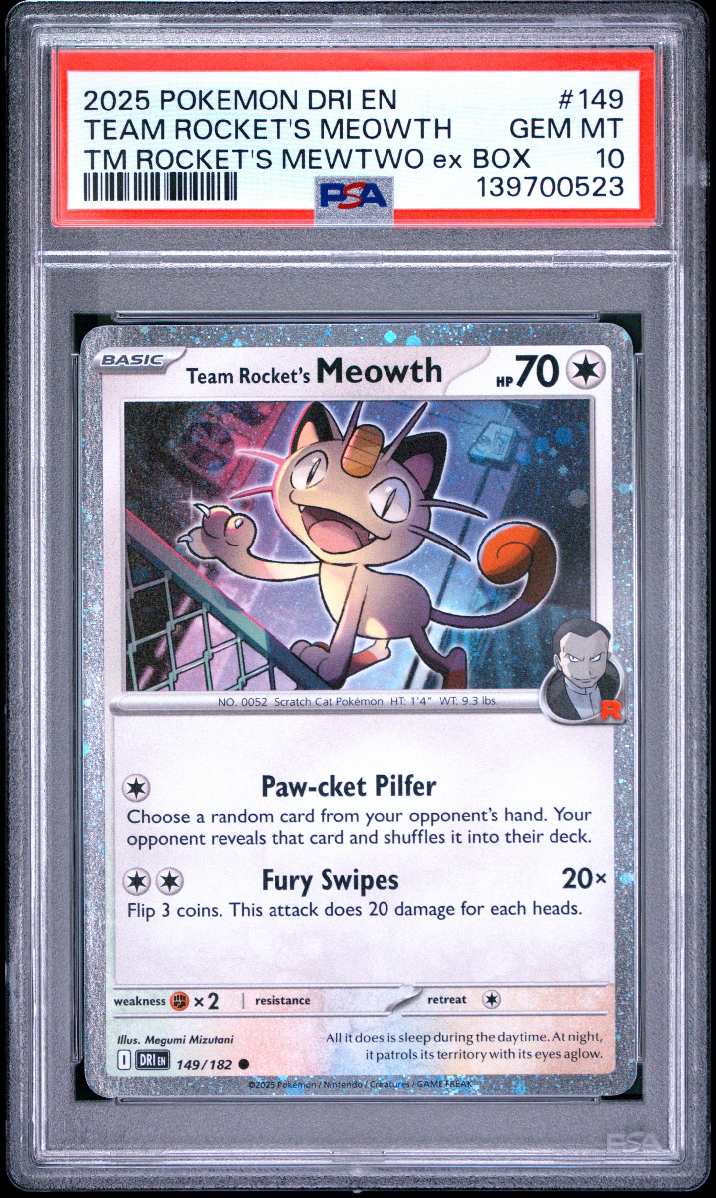PSA 10 - Team Rocket's Meowth Cosmos Holo 149/182 Mewtwo ex Box x523 - Pokemon