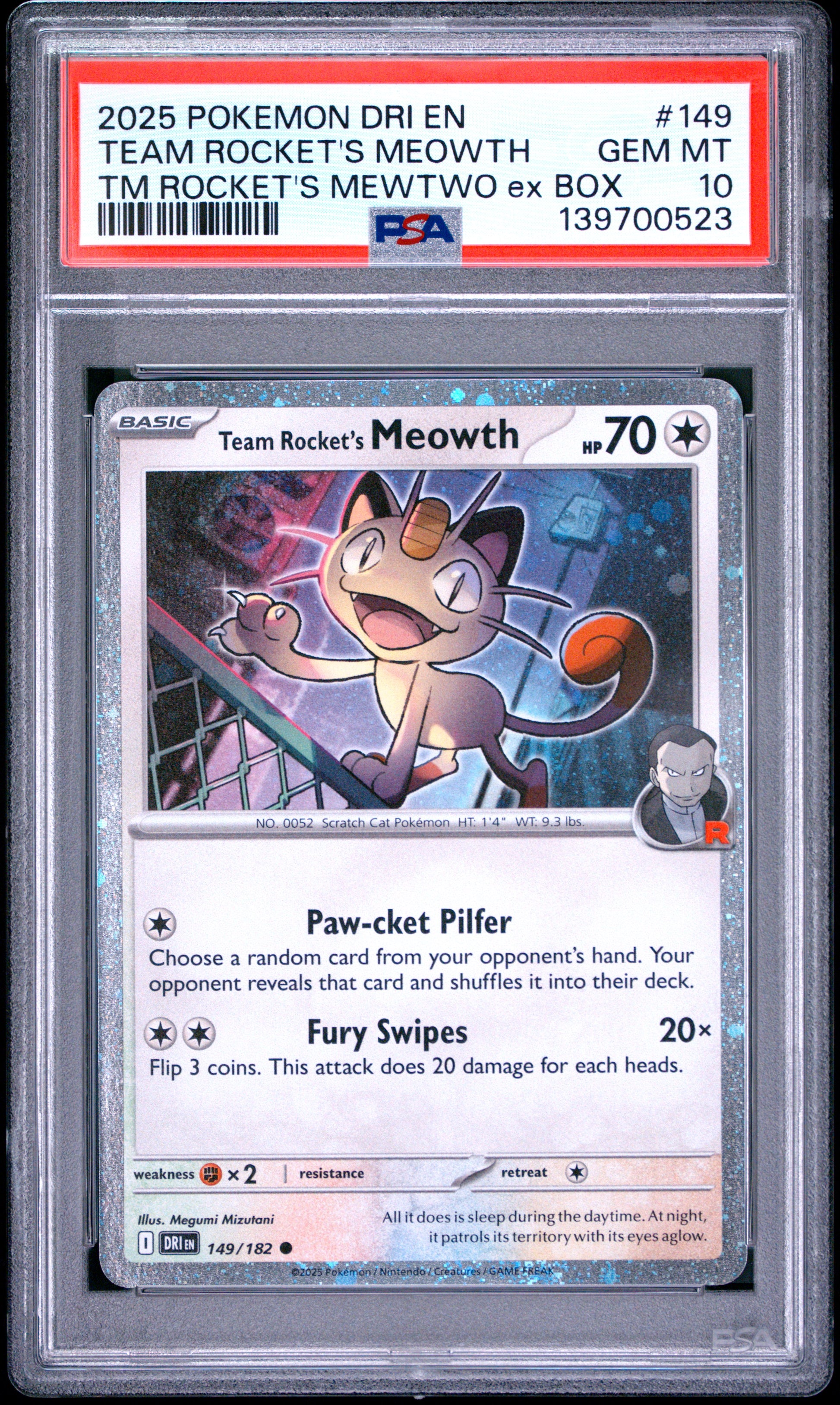 PSA 10 - Team Rocket's Meowth Cosmos Holo 149/182 Mewtwo ex Box x523 - Pokemon