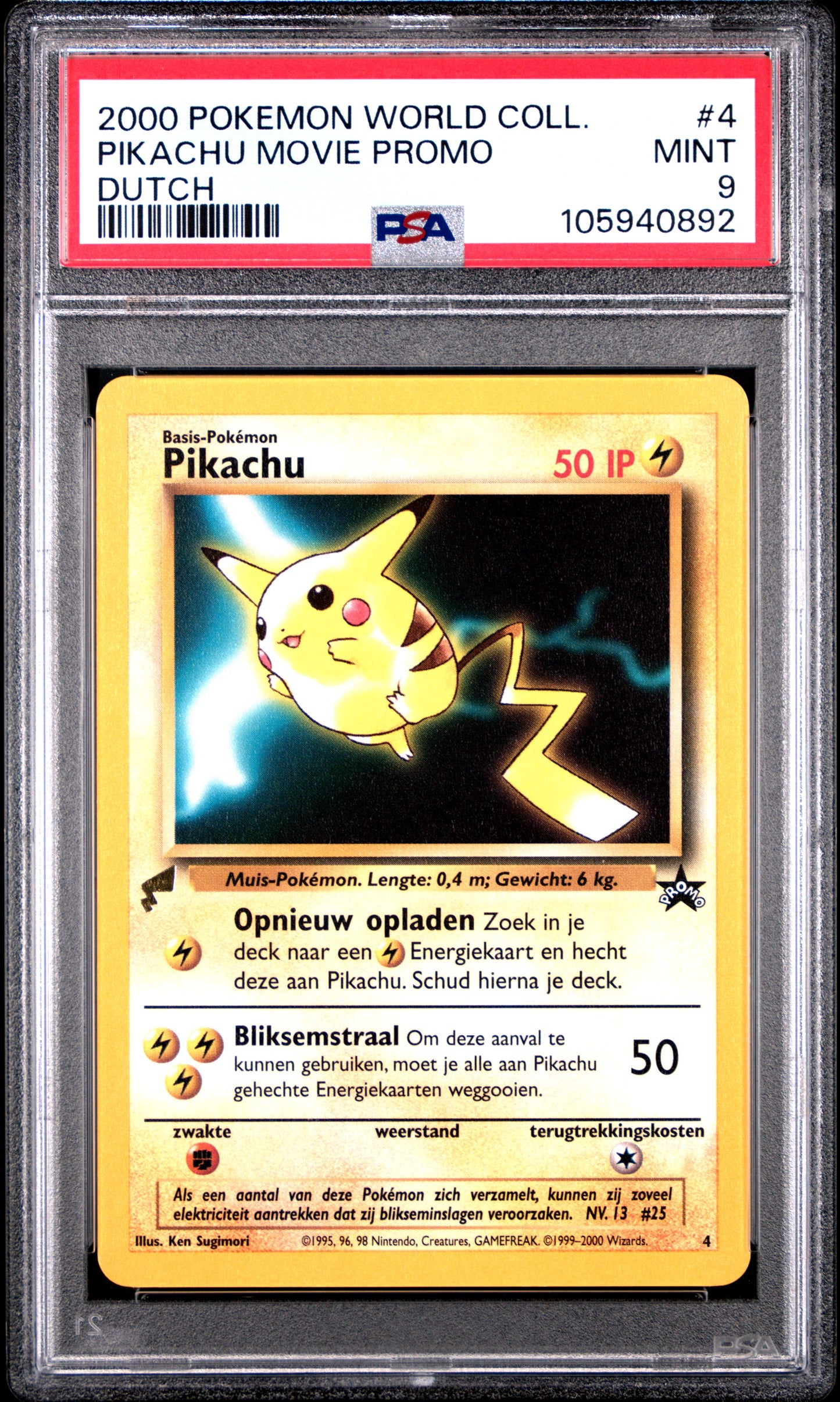 PSA 9 - Pikachu 4 Black Star Promo Dutch 2000 World Collection - Pokemon