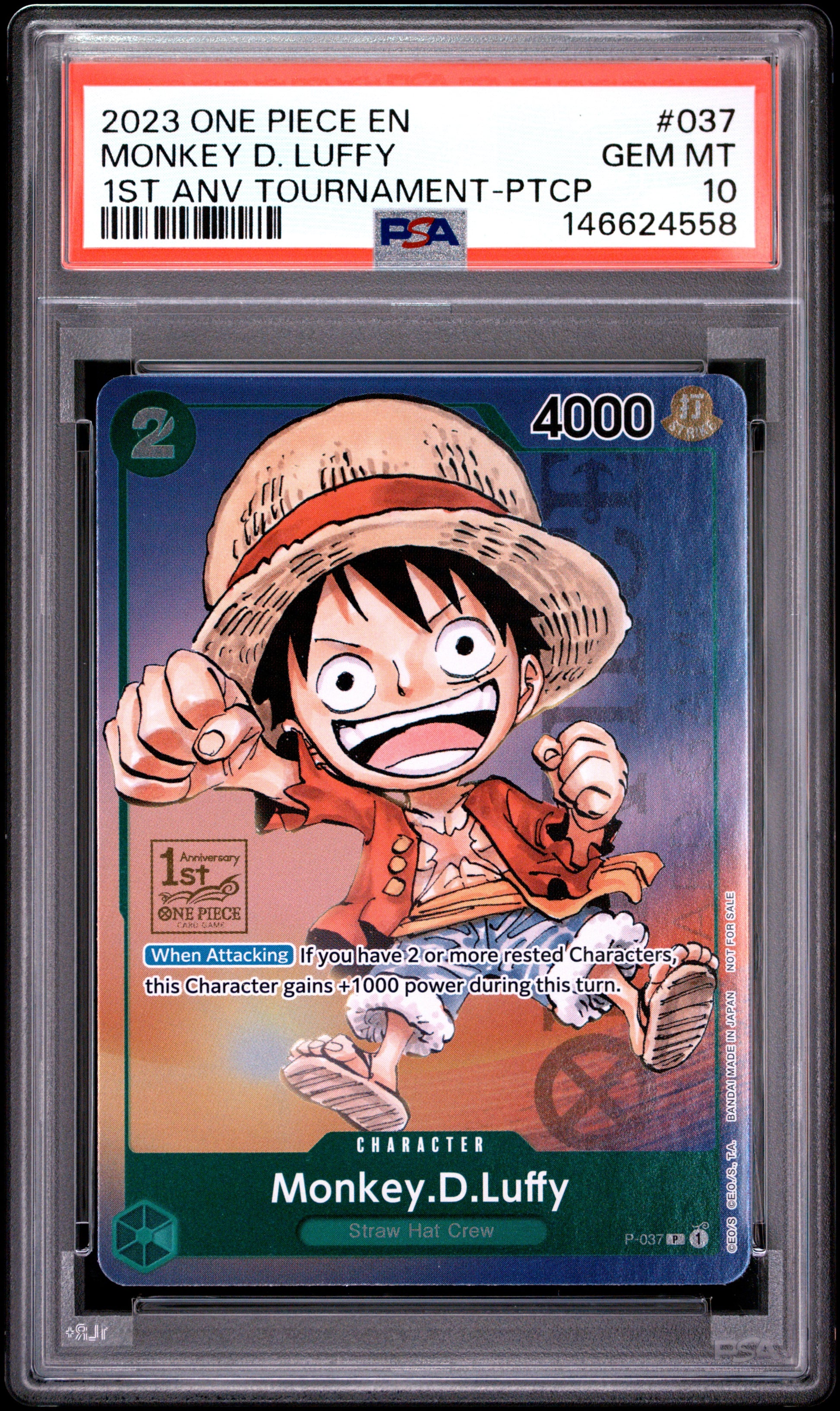 PSA 10 - Monkey D. Luffy P-037 1st Anniversary Tournament x558 - One Piece