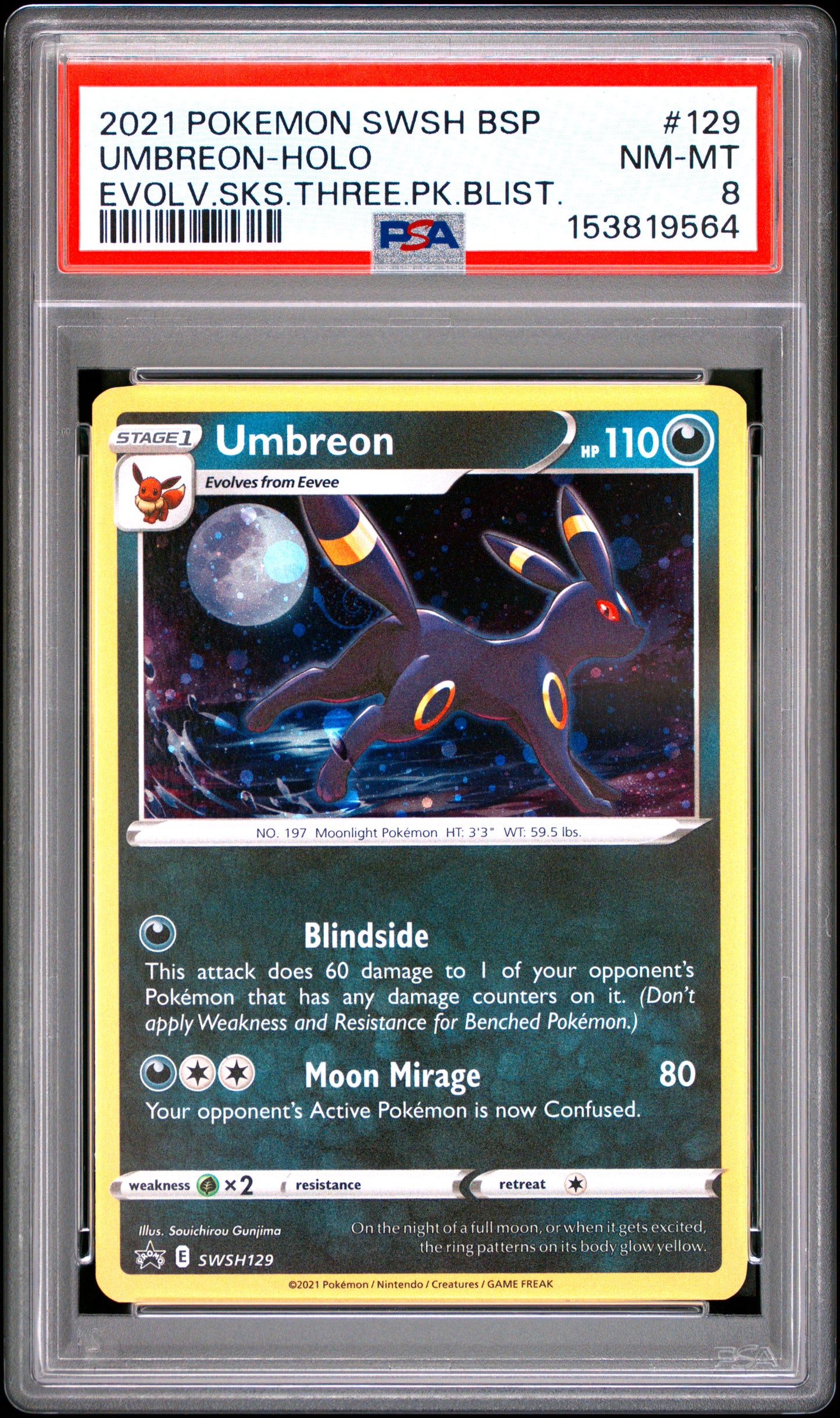 PSA 8 - Umbreon Holo SWSH129 Evolving Skies 3-Pack Blister Promo x564 - Pokemon
