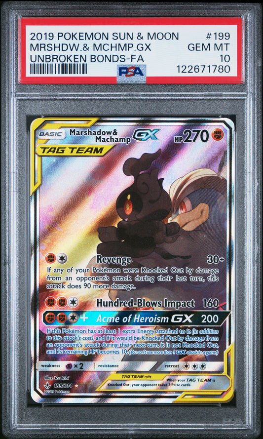 PSA 10 - Marshadow & Machamp GX 199/214 S&M Unbroken Bonds - Pokemon