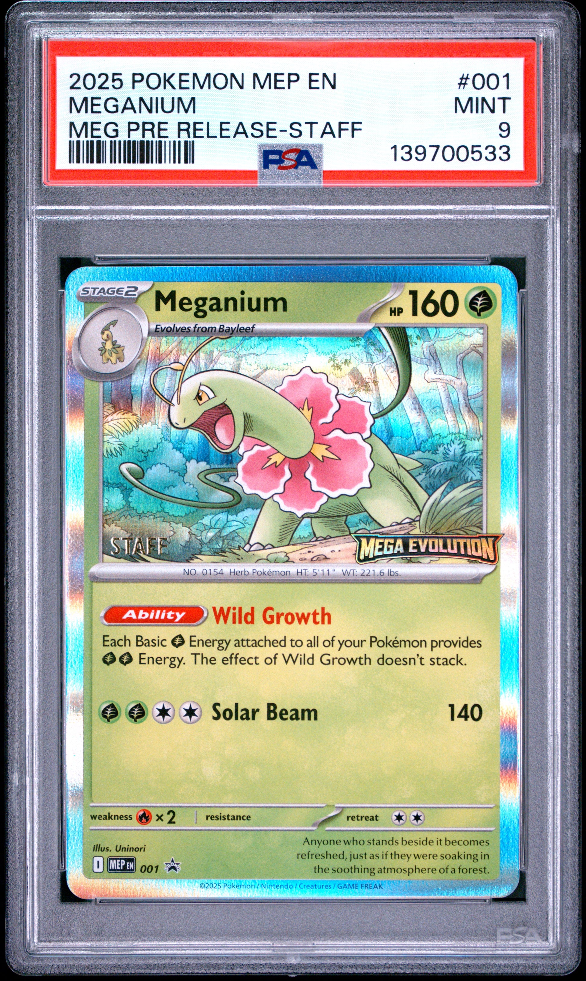 PSA 9 - Meganium 001/132 Mega Evolution Prerelease STAFF Promo x533 - Pokemon