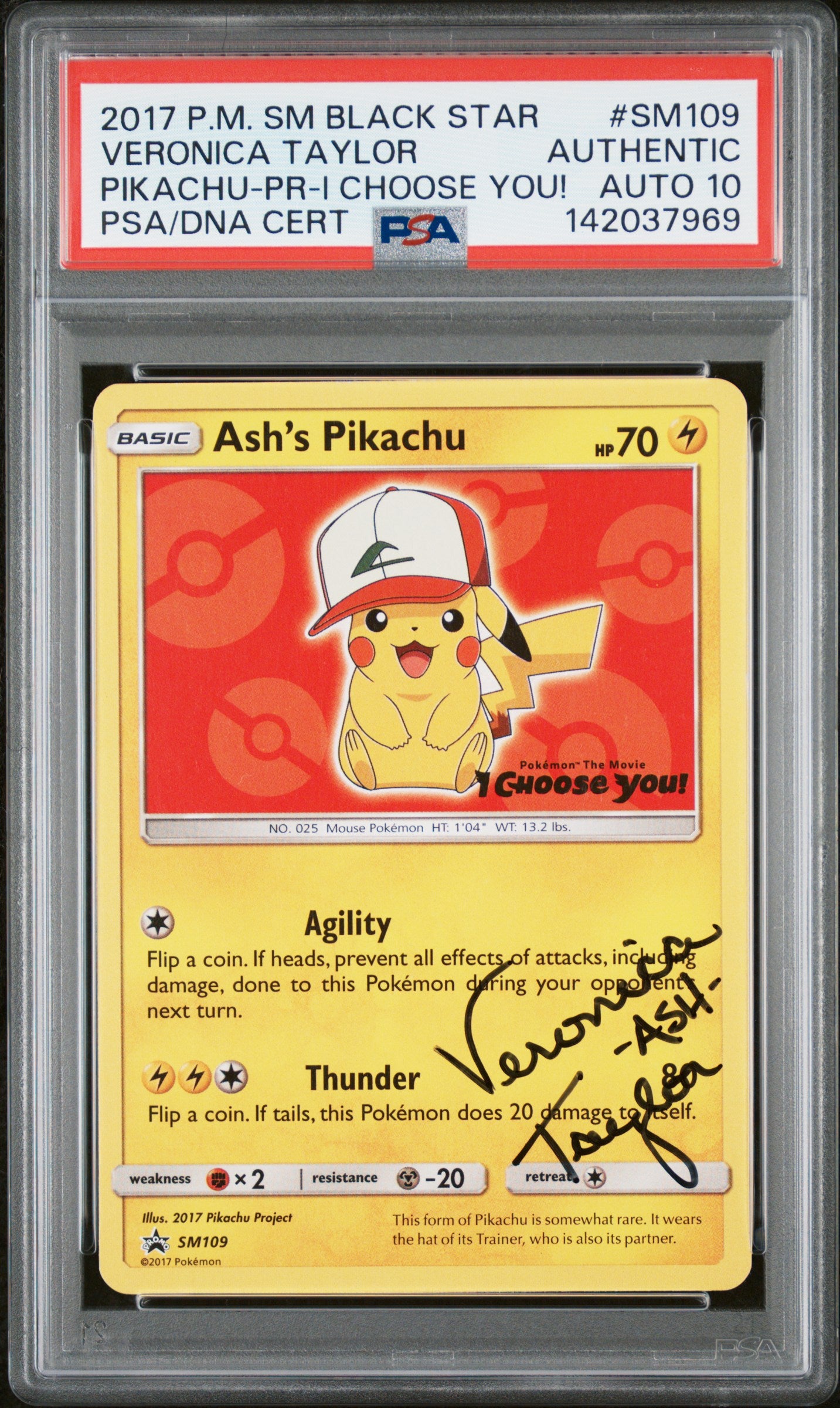 PSA AUTH/AUTO 10 - Ash's Pikachu SM109 Veronica Taylor x969 - Pokemon