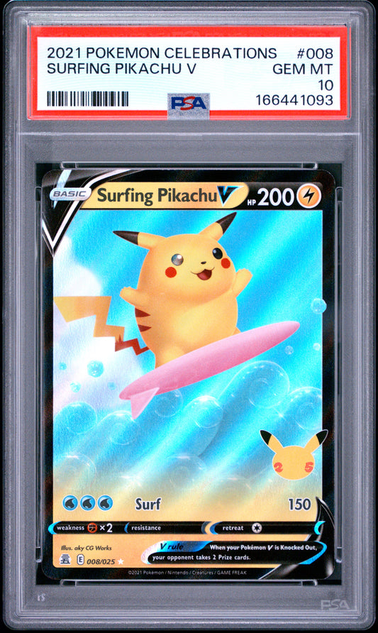 PSA 10 - Surfing Pikachu V 008/025 SWSH Celebrations x093 - Pokemon