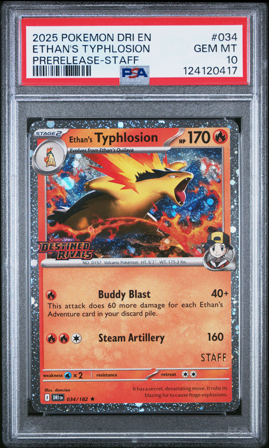 PSA 10 - Ethan's Typhlosion 034/182 *STAFF* Pre-Release SV Destined Rivals - Pokemon