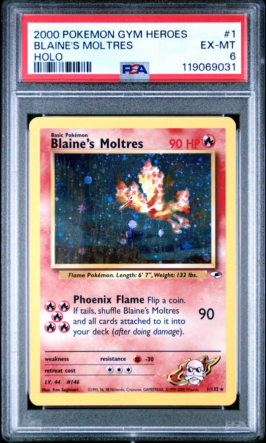 PSA 6 - Blaine's Moltres Holo 1/132 WoTC Gym Heroes Unlimited - Pokemon