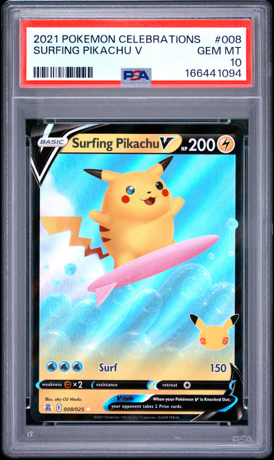 PSA 10 - Surfing Pikachu V 008/025 SWSH Celebrations x094 - Pokemon