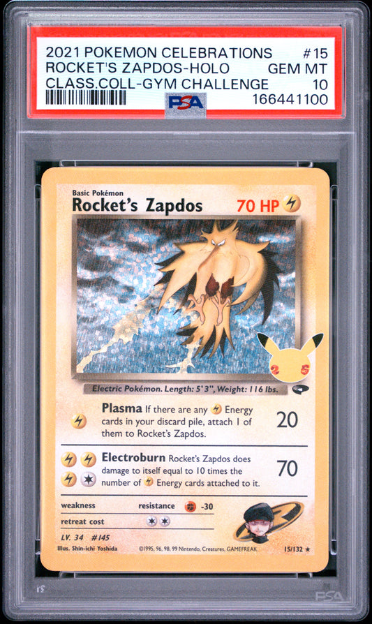 PSA 10 - Rocket's Zapdos Holo 15/132 SWSH Celebrations Classic x100 - Pokemon
