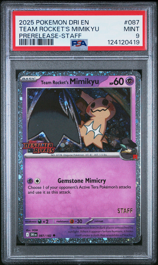 PSA 9 - Rocket's Mimikyu 087/182 *STAFF* Pre-Release SV Destined Rivals - Pokemon