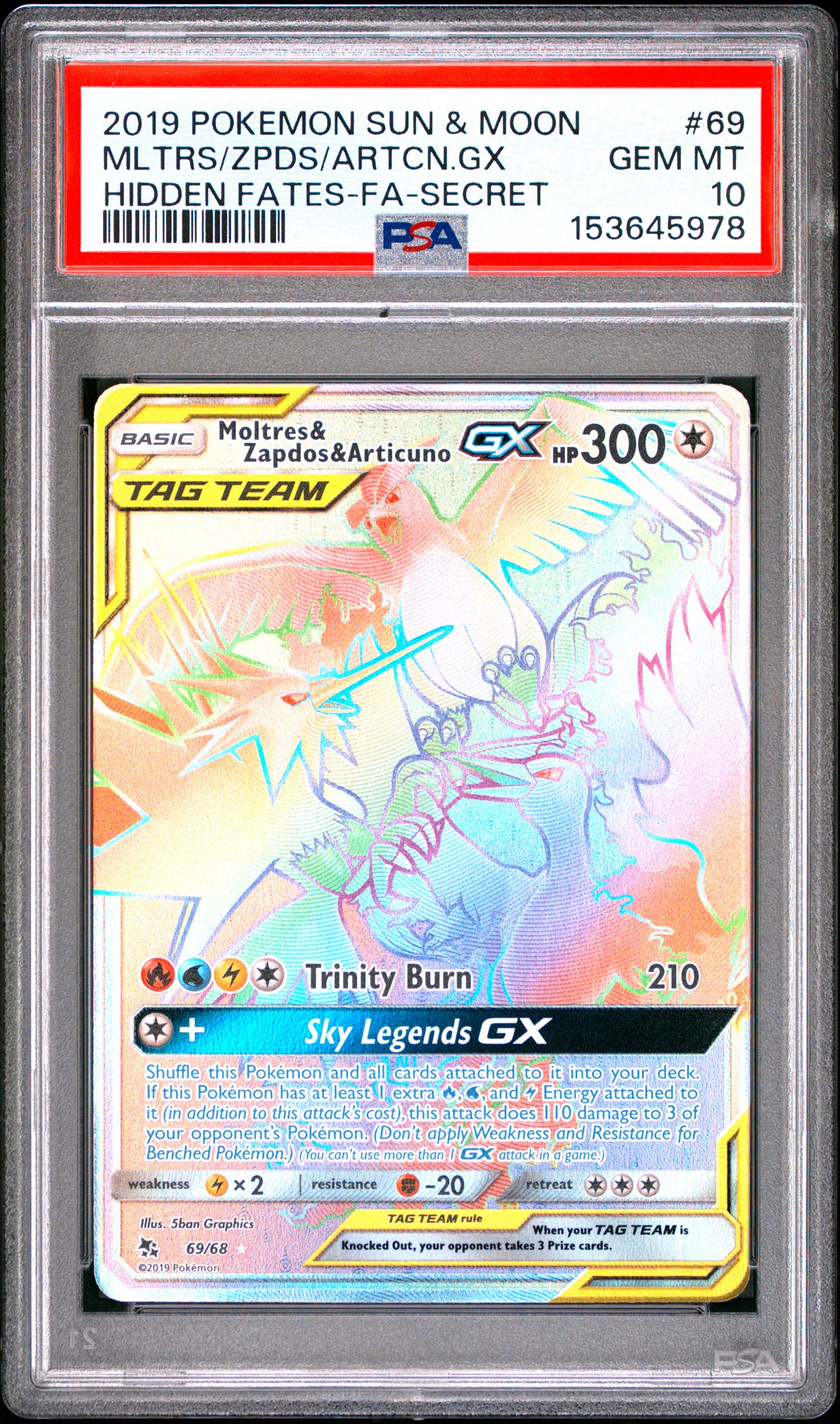 PSA 10 - Moltres & Zapdos & Articuno GX 69/68 SM Hidden Fates x978 - Pokemon
