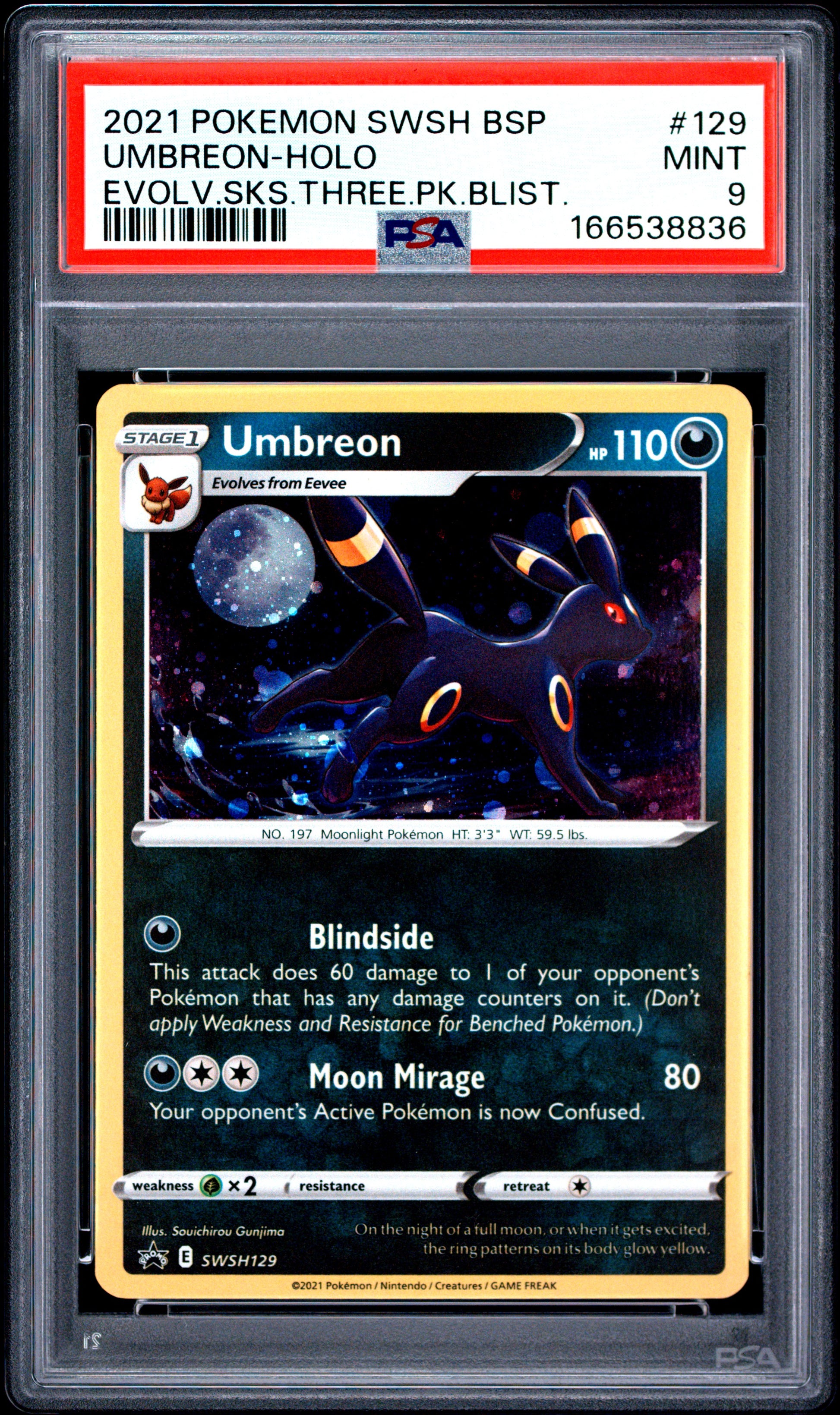 PSA 9 - Umbreon Holo SWSH129 Evolving Skies 3-Pack Blister Promo x836 - Pokemon