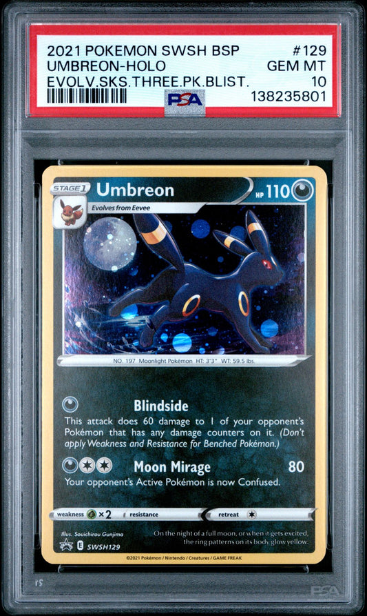 PSA 10 - Umbreon Holo SWSH129 Evolving Sies Three Pack Blister Promo - Pokemon