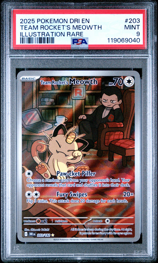 PSA 9 - Rocket's Meowth 203/182 Illustration Rare SV Destined Rivals - Pokemon