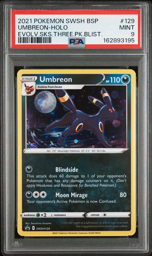 PSA 9 - Umbreon Holo SWSH129 Evolving Skies 3-Pack Blister Promo x195 - Pokemon