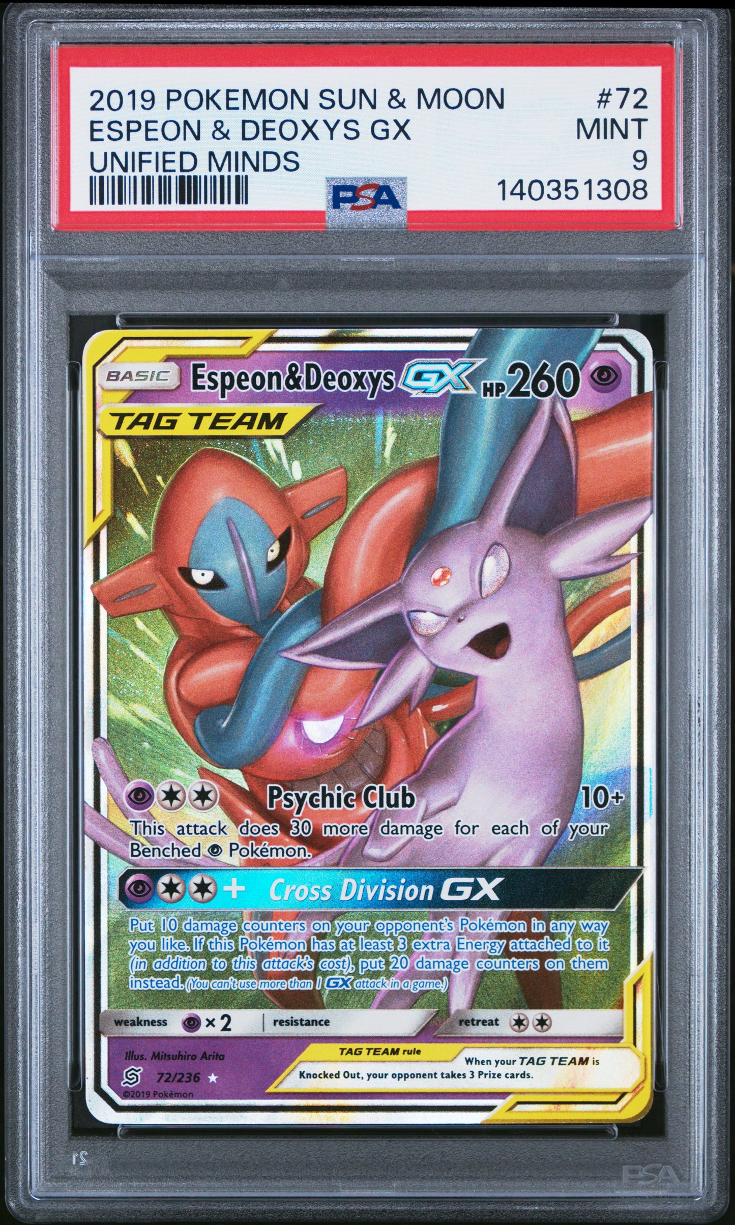 PSA 9 - Espeon & Deoxys GX 72/236 S&M Unified Minds - Pokemon