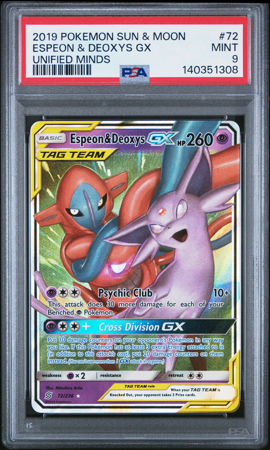 PSA 9 - Espeon & Deoxys GX 72/236 S&M Unified Minds - Pokemon