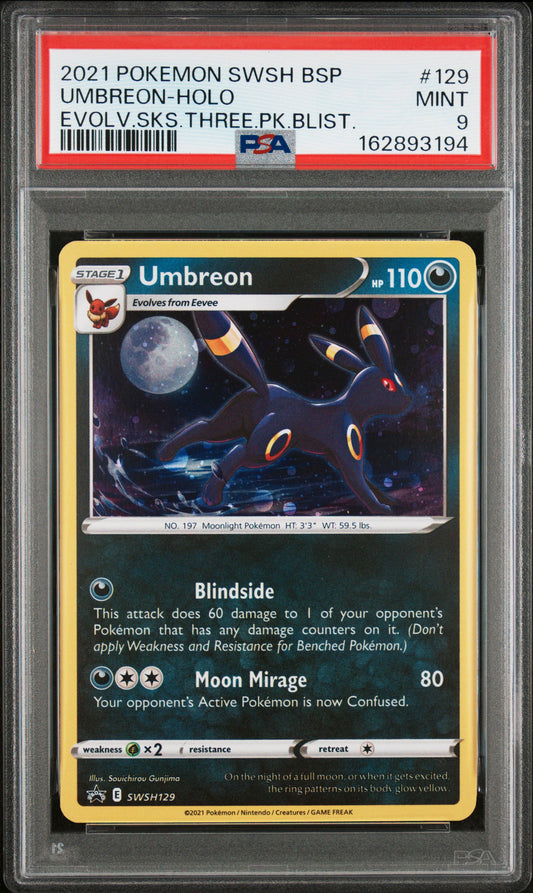 PSA 9 - Umbreon Holo SWSH129 Evolving Skies 3-Pack Blister Promox194 - Pokemon