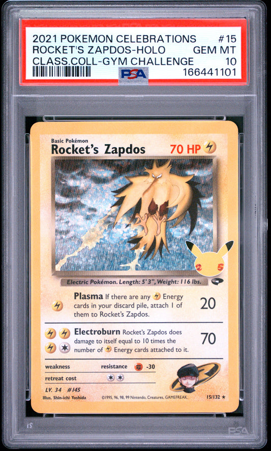 PSA 10 - Rocket's Zapdos Holo 15/132 SWSH Celebrations Classic x101 - Pokemon